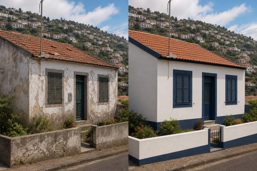 A mesma casa antes e depois: a fachada com o reboco a cair, e depois rebocada e pintada de branco e azul.