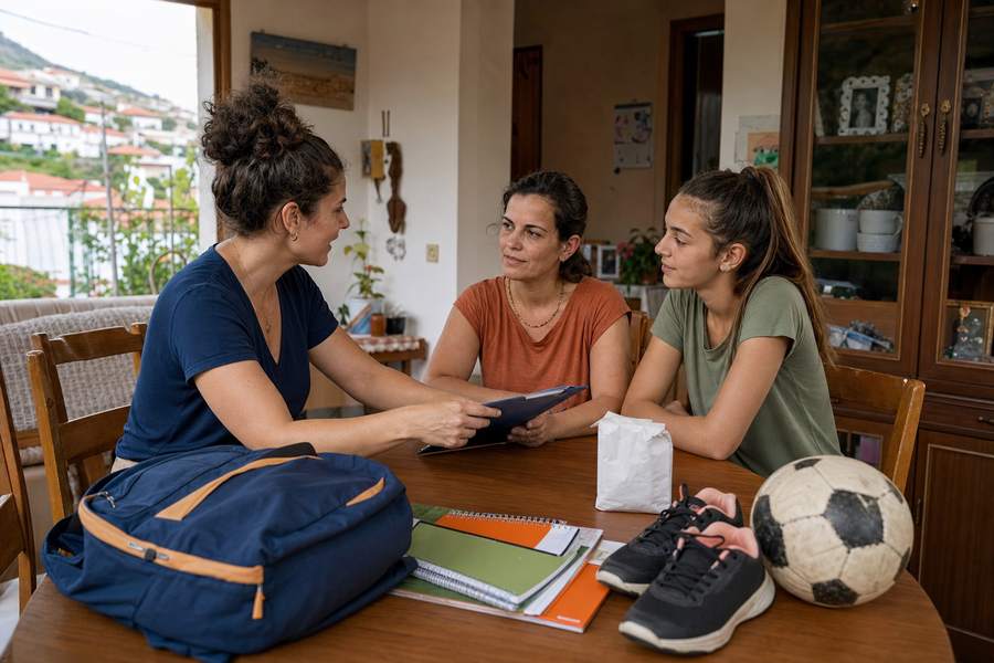 Uma técnica da ASA a entregar documentos a uma mãe e a uma filha adolescente, à mesa da sala, com mochila, cadernos, sapatilhas e uma bola de futebol.